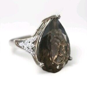 Large Smokey Quartz With Micro Diamond 10k Yellow Gold Cocktail Ring Vintage